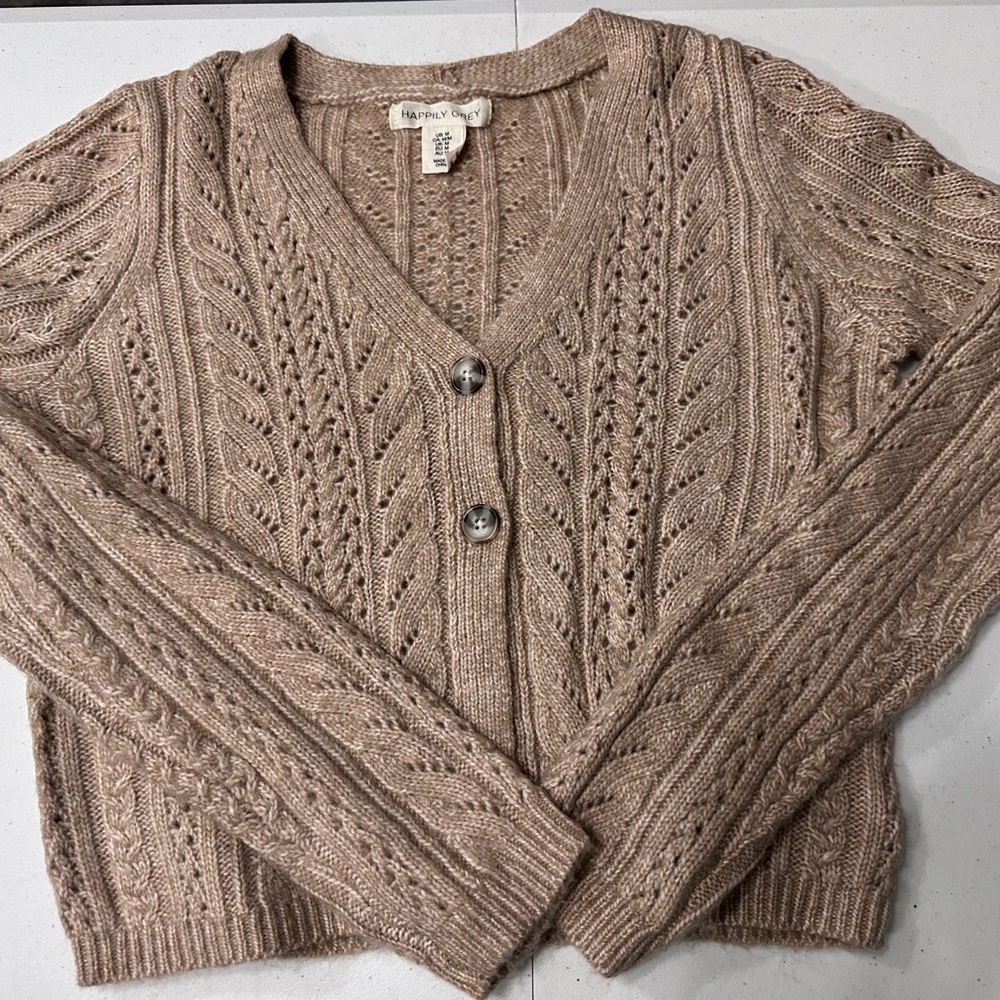 Heathered Tan Cropped Two-Button Sweater